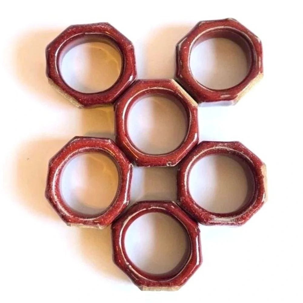 Set of 6 Unique Ceramic Napkin Rings, Burgundy & Beige, Table‎ Decor